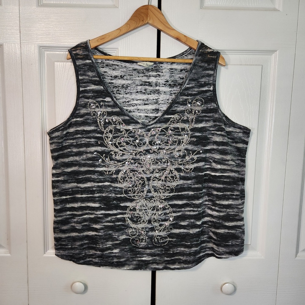 Tru Self Womens Grey Black Space Dye Beaded Sequin V-Neck Tank Top Size 1X/2X